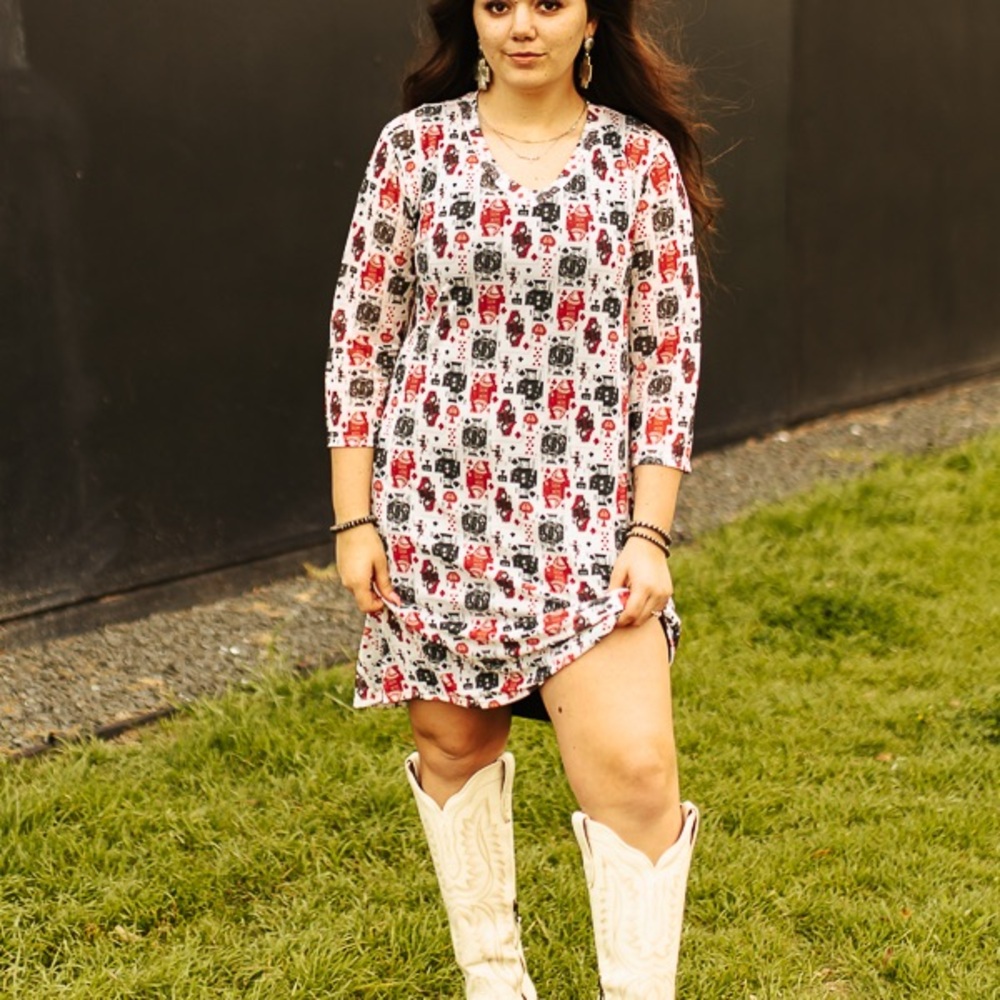 Poker Printed 3/4 Sleeve Mesh Dress